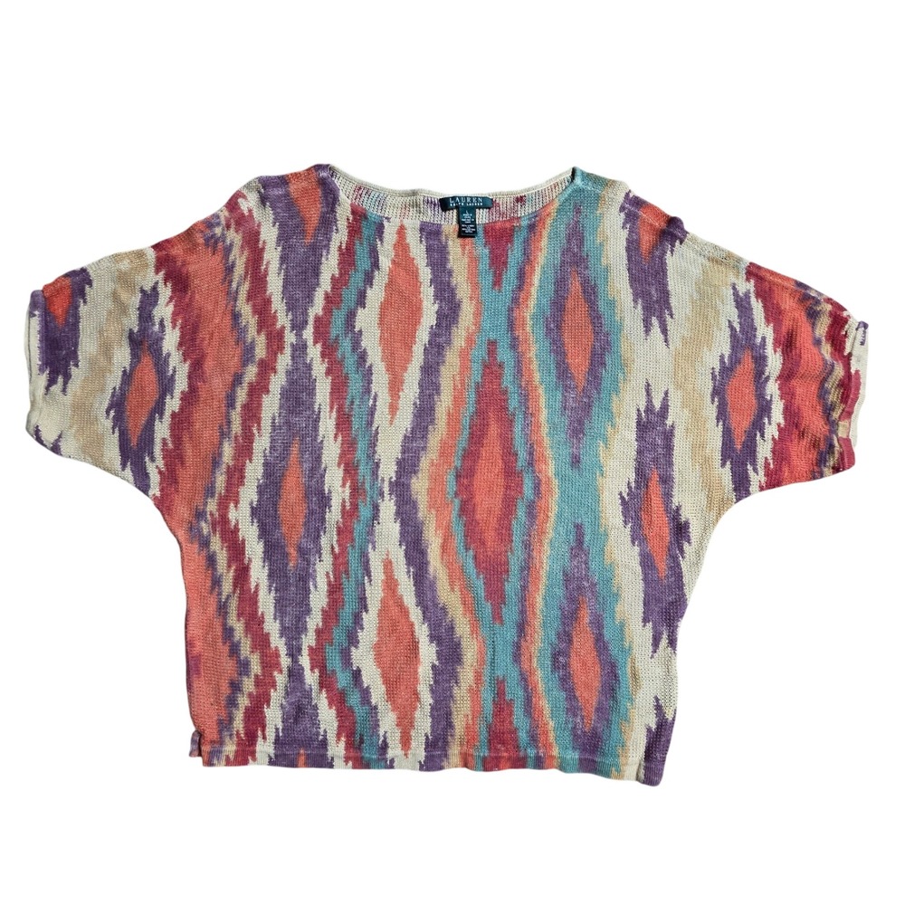 Ralph Lauren Linen Cotton Ikat Diamond Aztec Knit Dolman Sweater L Southwest